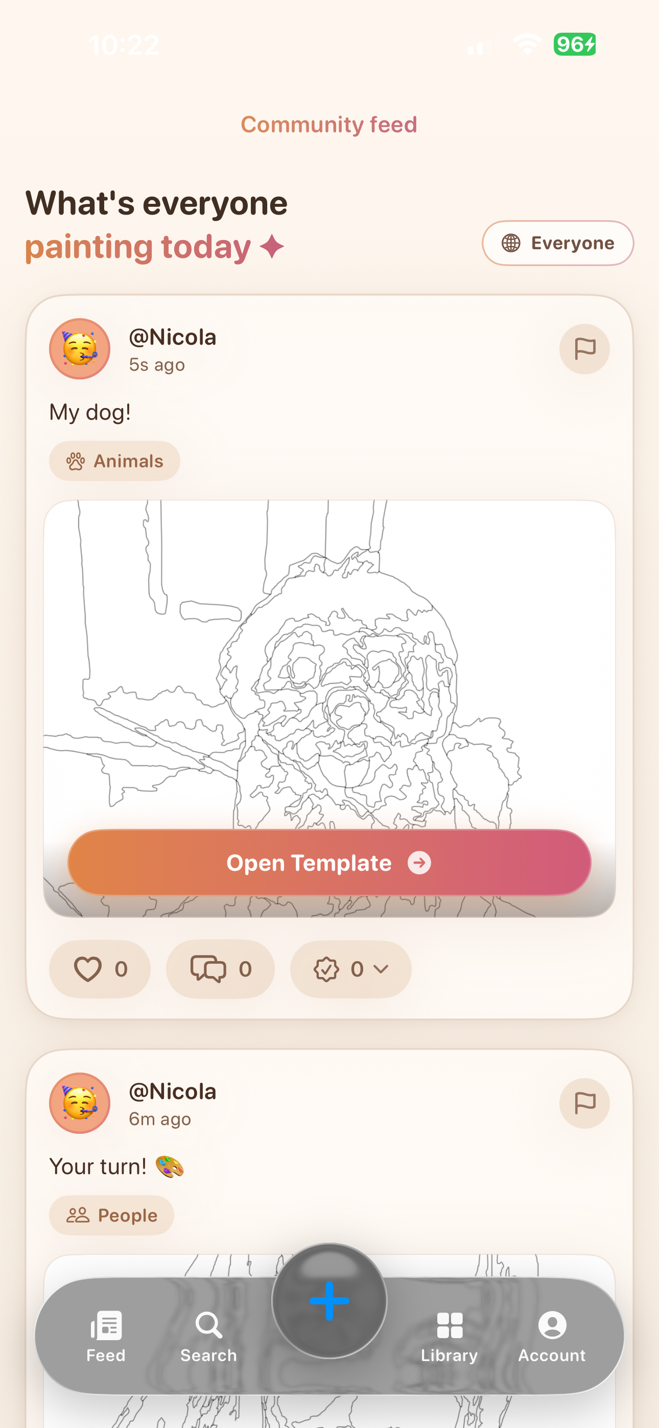 Nicola's Number Canvas paint by numbers app showing an in-progress social feed post